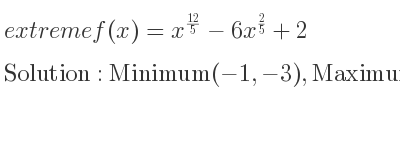 The extreme f(x)=x^{12/5}-6x^{2/5}+2 is Minimum(-1,-3),Maximum(0,2),Minimum(1,-3)